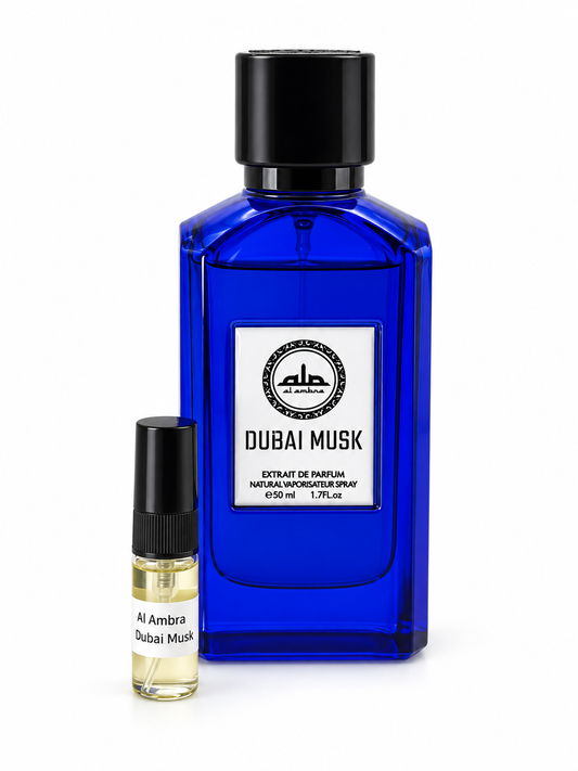 Al Ambra Dubai Musk fragrance bottle and black-capped sample vial on white