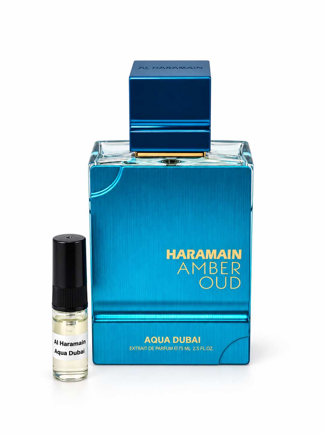 Al Haramain Amber Oud Aqua Dubai fragrance bottle and black-capped sample vial on white
