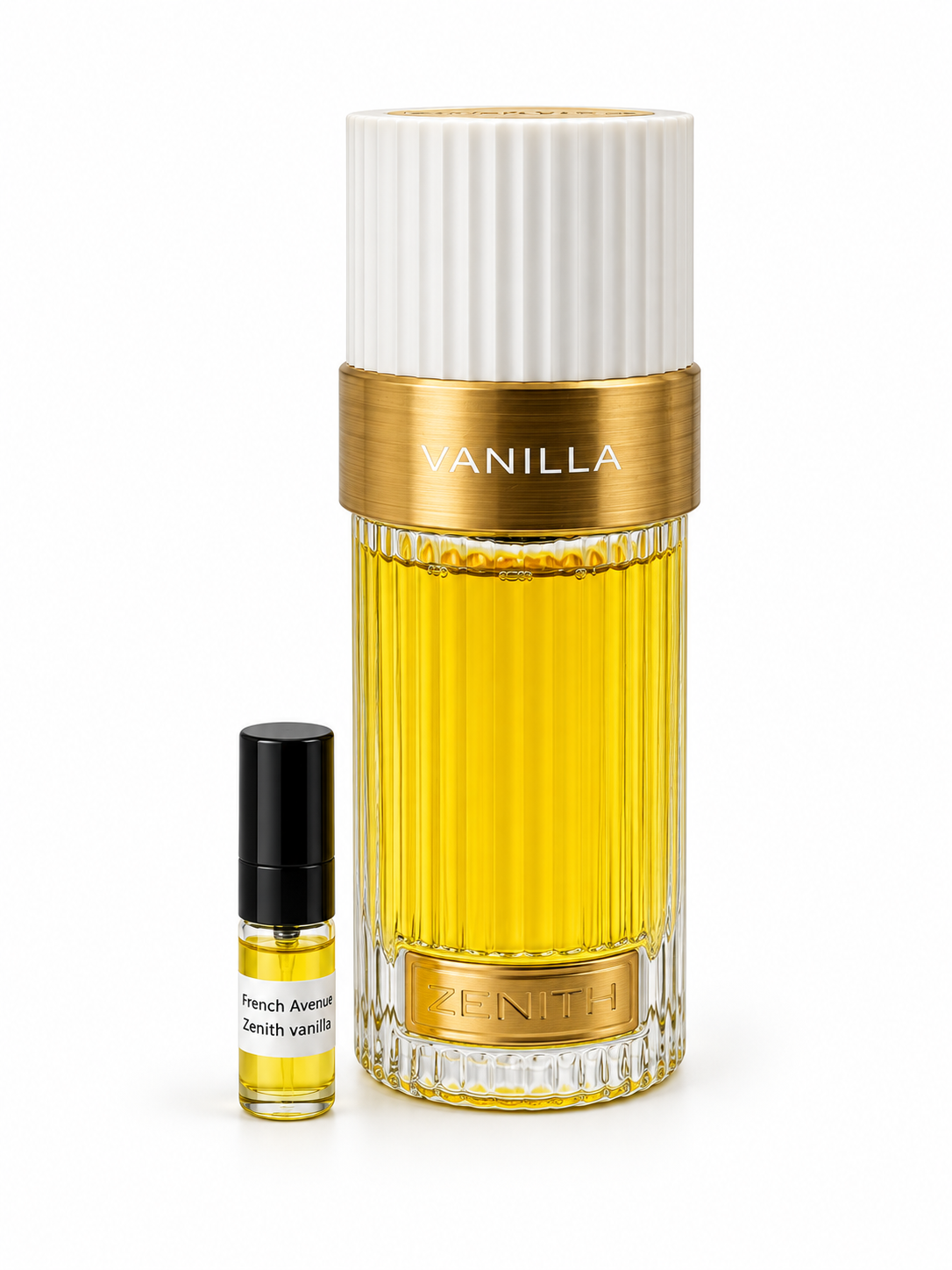 French Avenue Zenith Vanilla fragrance bottle and black-capped sample vial on white