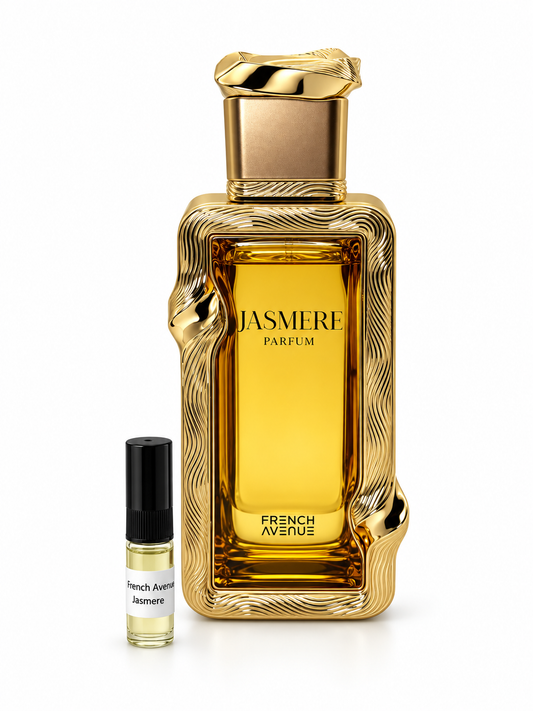 French Avenue Jasmere fragrance bottle and black-capped sample vial on white