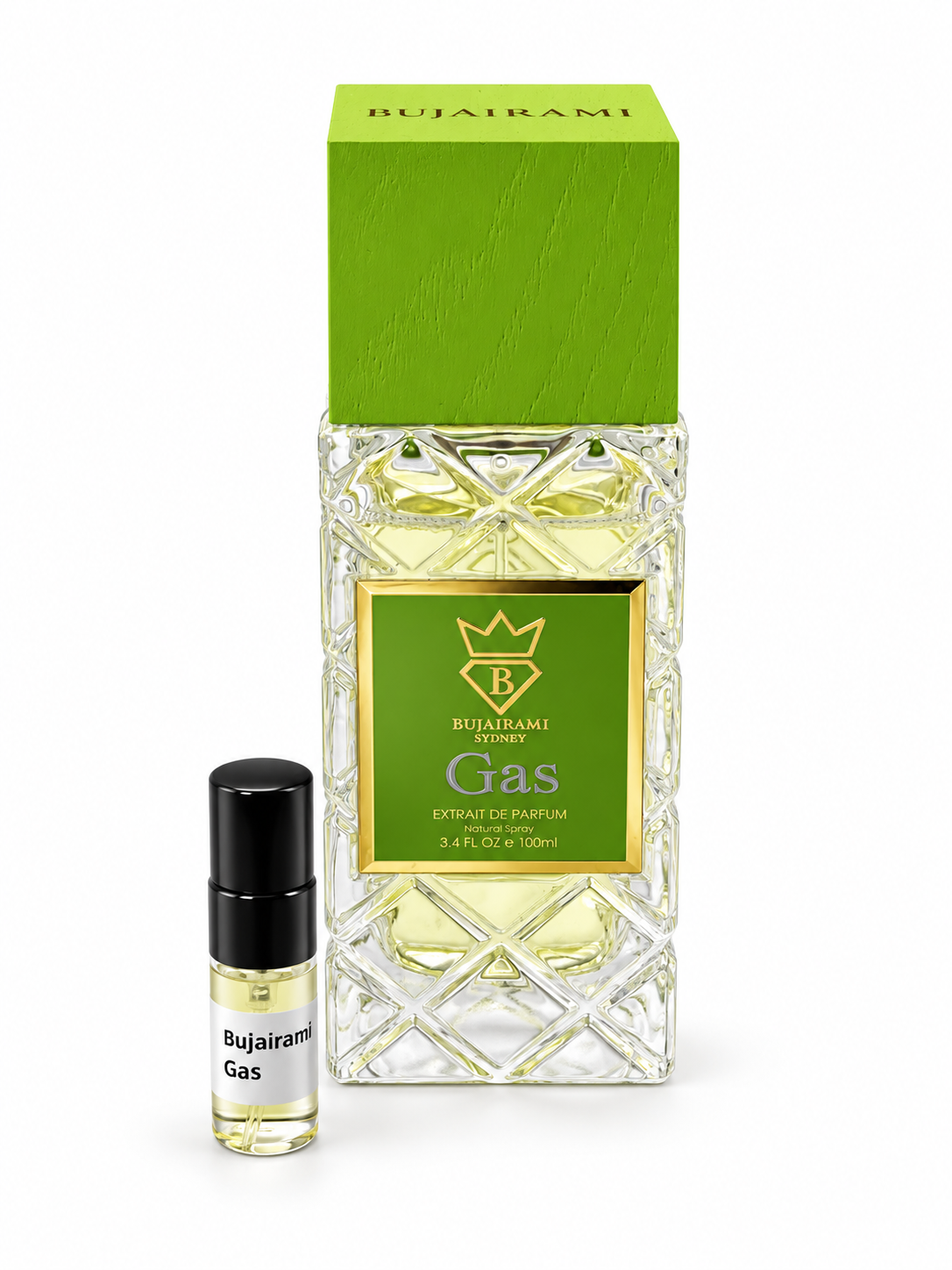 Bujairami Gas fragrance bottle and black-capped sample vial on white
