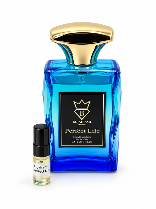 Bujairami Perfect Life fragrance bottle and black-capped sample vial on white