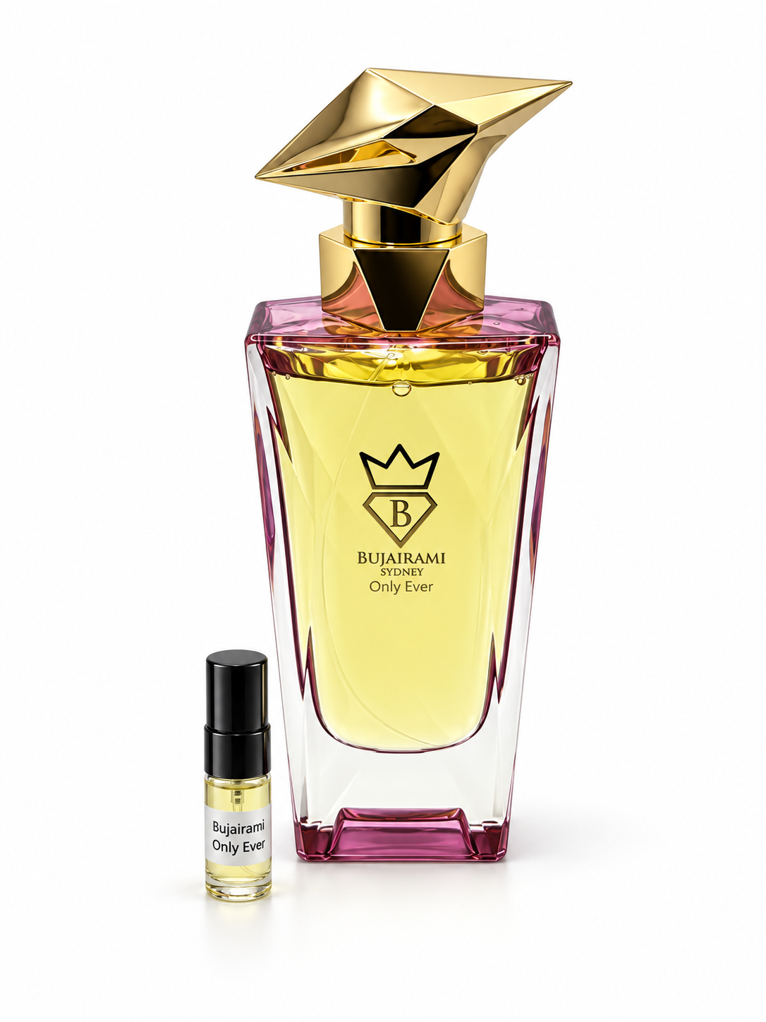 Bujairami Only Ever fragrance bottle and black-capped sample vial on white