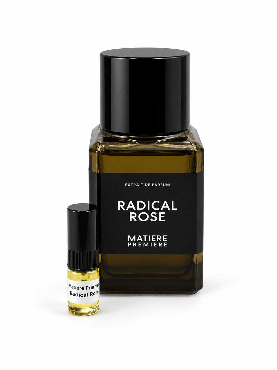 Matiere Premiere Radical Rose Extrait fragrance bottle and black-capped sample vial on white