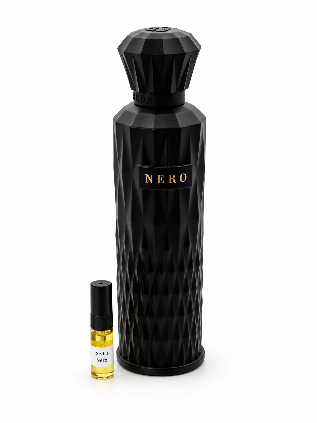 Sedra Nero fragrance bottle and black-capped sample vial on white