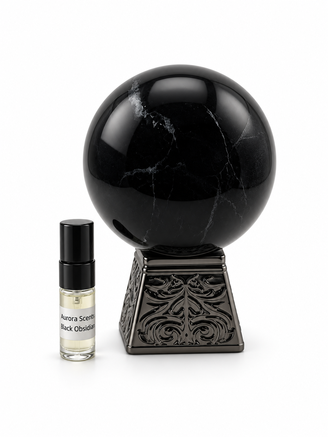 Aurora Scents Black Obsidian fragrance bottle and black-capped sample vial on white