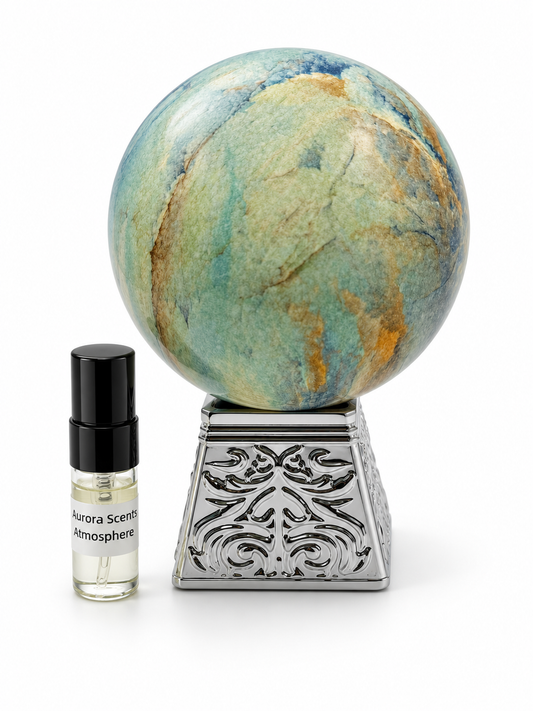 Aurora Scents Atmosphere fragrance bottle and black-capped sample vial on white