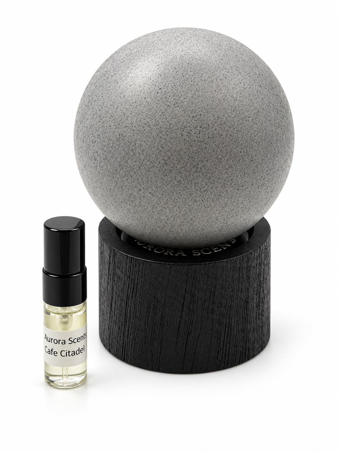 Aurora Scents Cafe Citadel fragrance bottle and black-capped sample vial on white