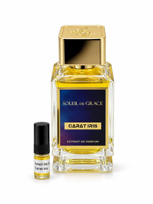 Soleil De Grace Carat Iris fragrance bottle and black-capped sample vial on white