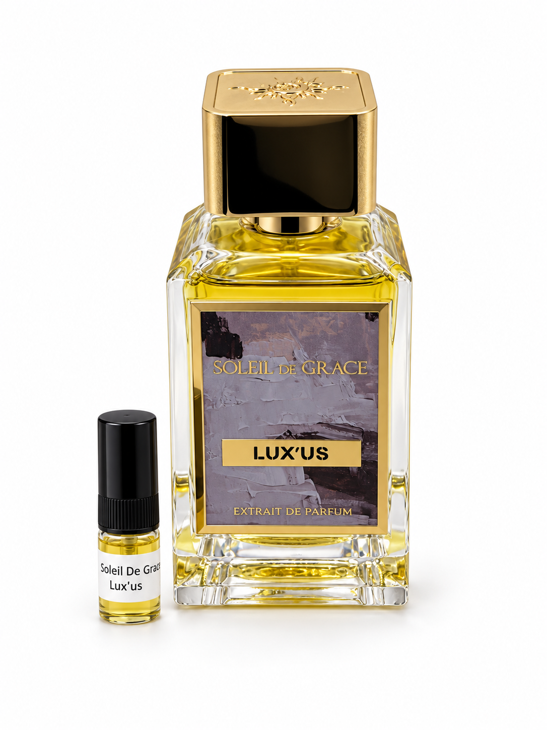 Soleil De Grace Lux'us fragrance bottle and black-capped sample vial on white