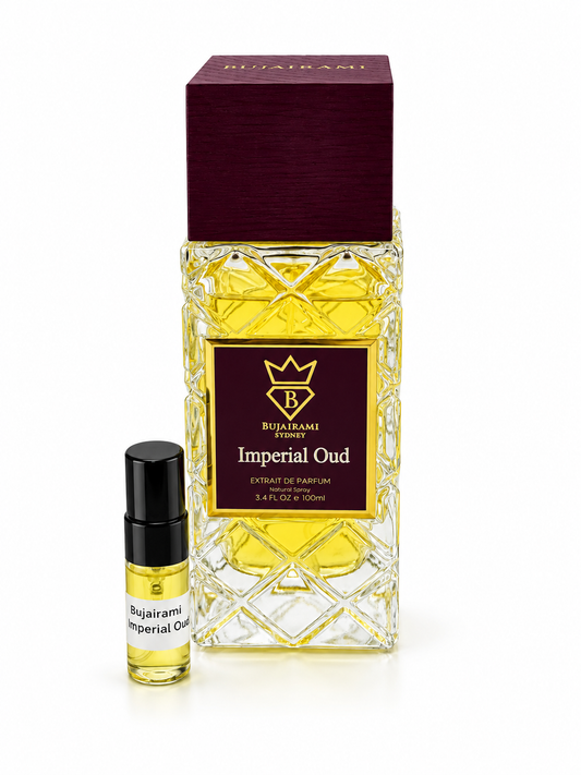Bujairami Imperial Oud fragrance bottle and black-capped sample vial on white
