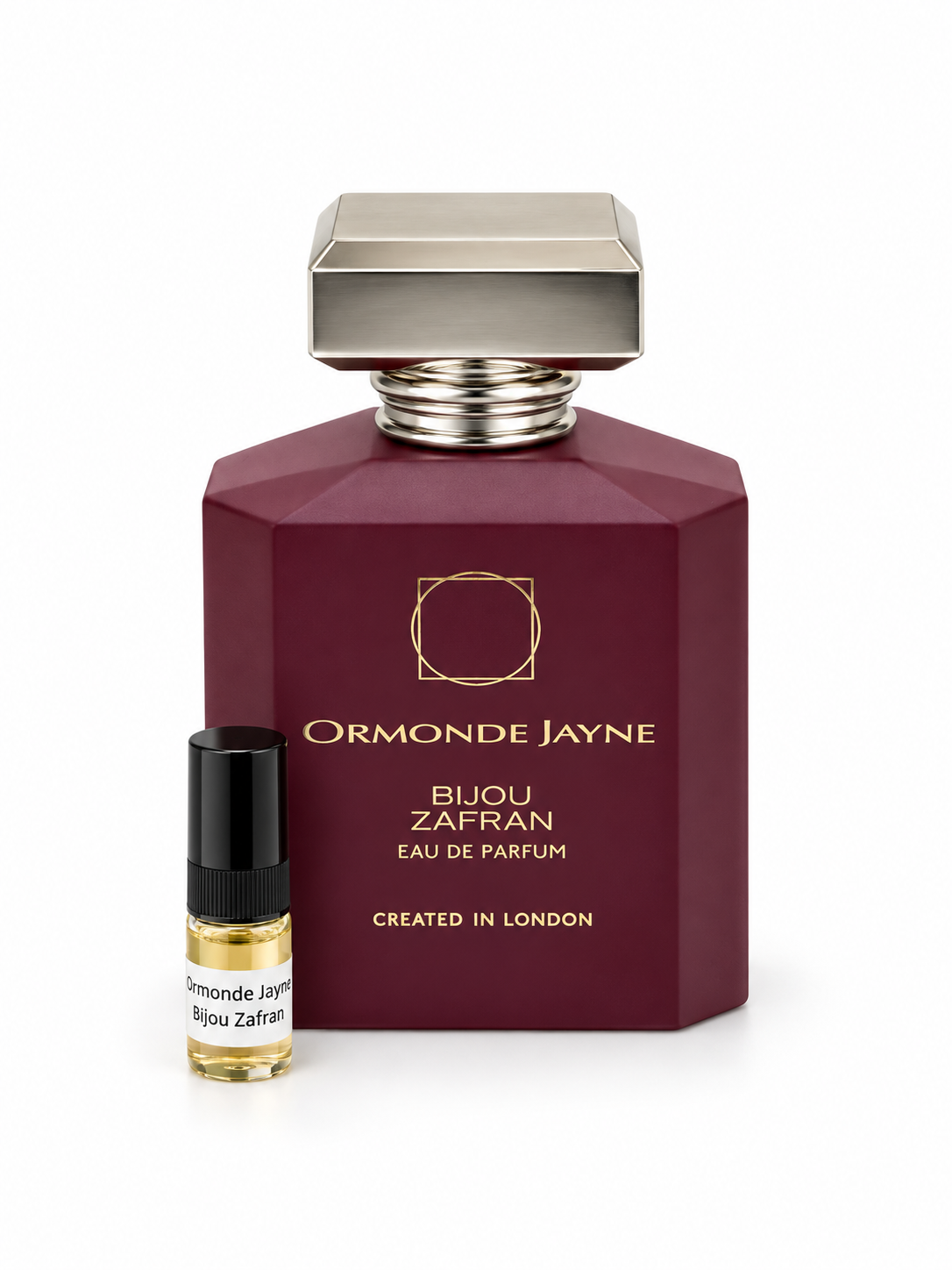 Ormonde Jayne Bijou Zafran fragrance bottle and black-capped sample vial on white