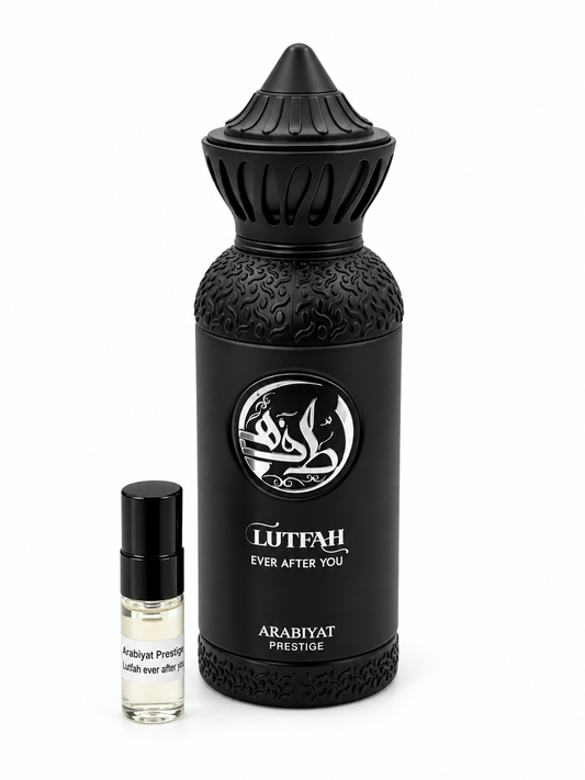 Arabiyat Prestige Ever After You fragrance bottle and black-capped sample vial on white