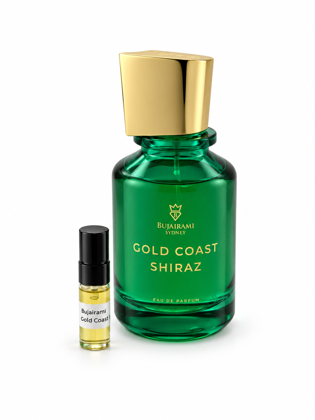 Bujairami Gold Coast Shiraz fragrance bottle and black-capped sample vial on white