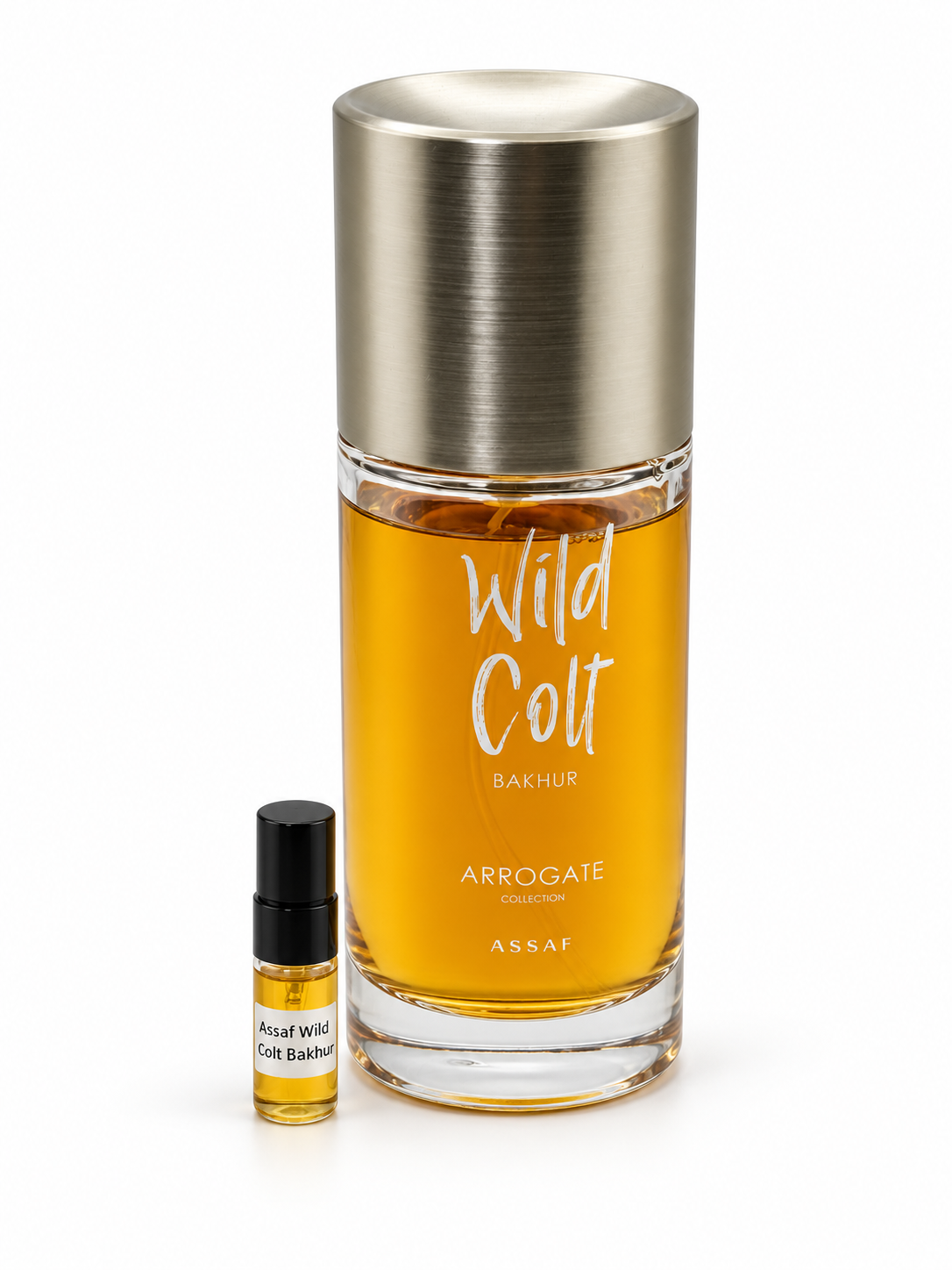 Assaf Wild Colt Bakhur fragrance bottle and black-capped sample vial on white