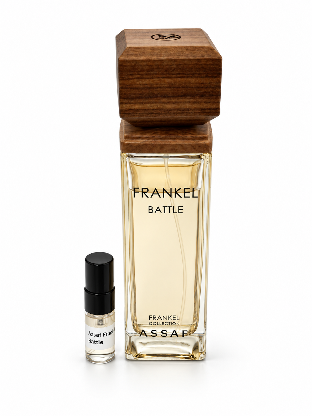Assaf Frankel Battle fragrance bottle and black-capped sample vial on white