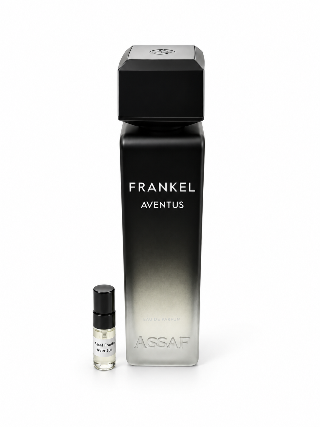 Assaf Frankel Aventus fragrance bottle and black-capped sample vial on white