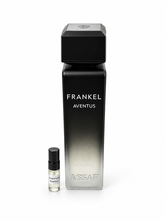 Assaf Frankel Aventus fragrance bottle and black-capped sample vial on white