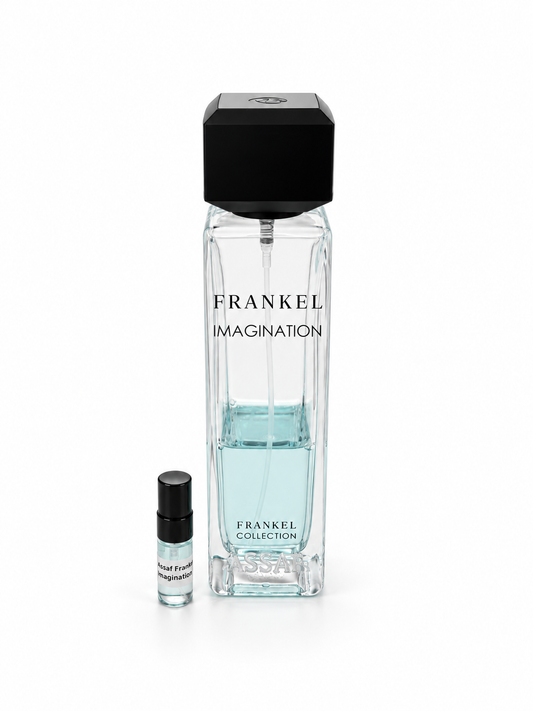 Assaf Frankel Imagination fragrance bottle and black-capped sample vial on white
