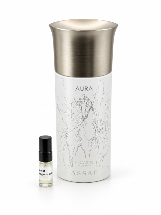 Assaf Pegasus Aura fragrance bottle and black-capped sample vial on white
