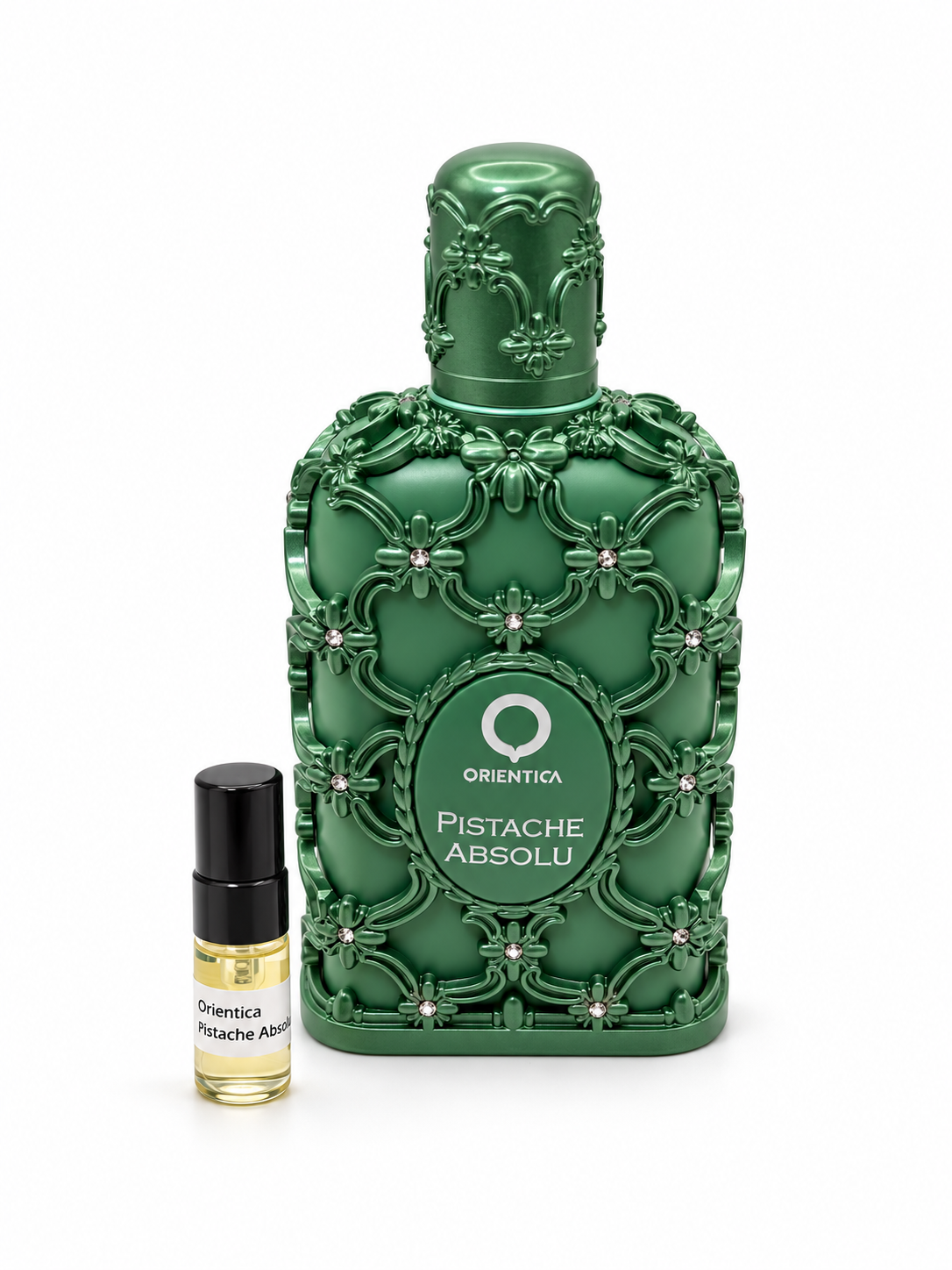 Orientica Pistache Absolu fragrance bottle and black-capped sample vial on white