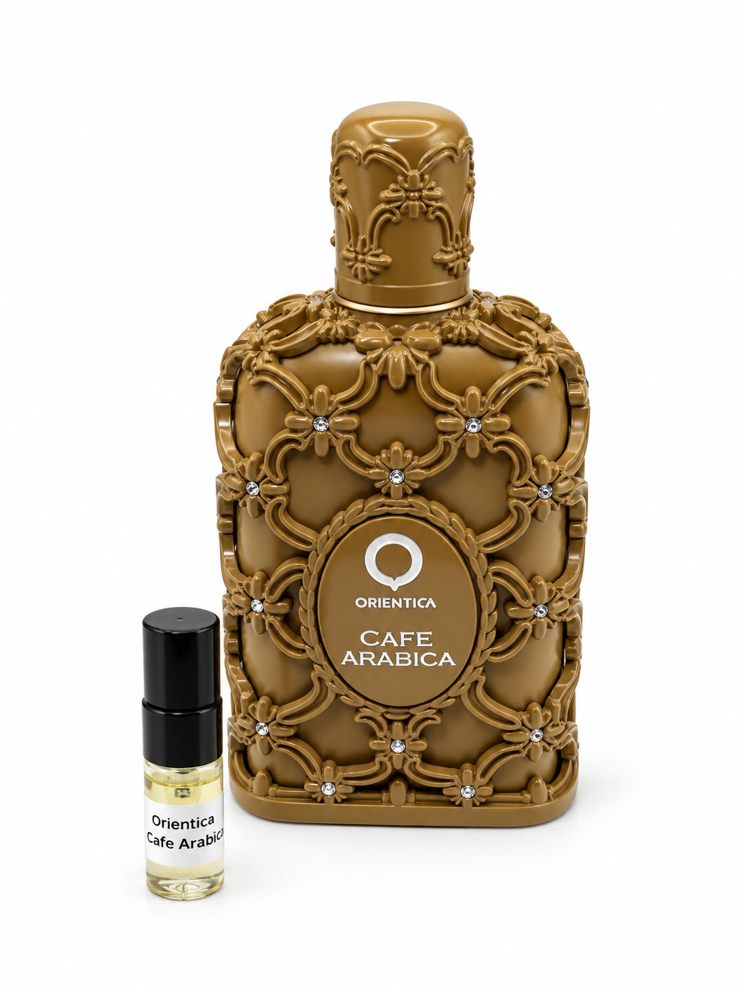 Orientica Cafe Arabica fragrance bottle and black-capped sample vial on white