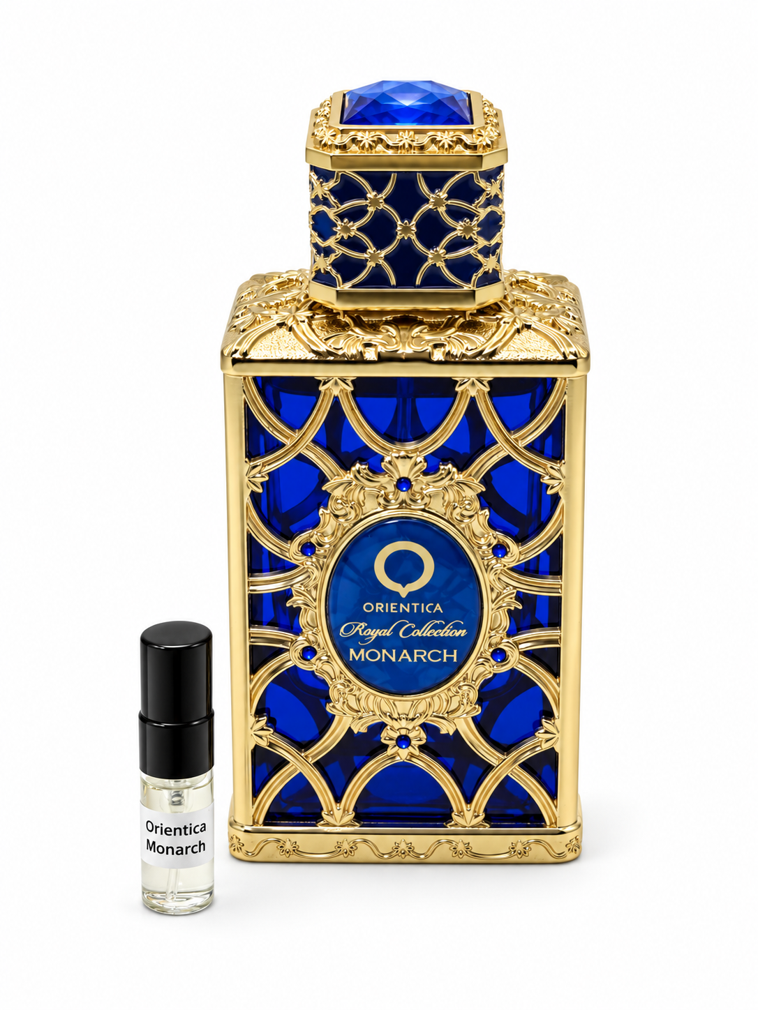 Orientica Monarch fragrance bottle and black-capped sample vial on white