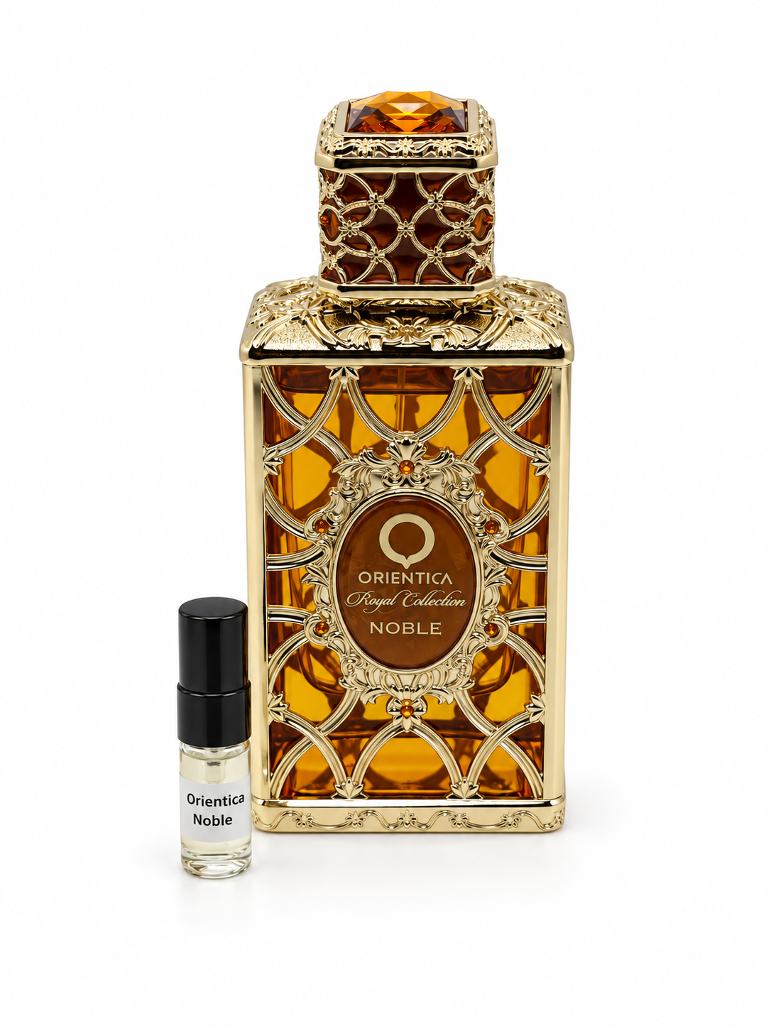 Orientica Noble fragrance bottle and black-capped sample vial on white