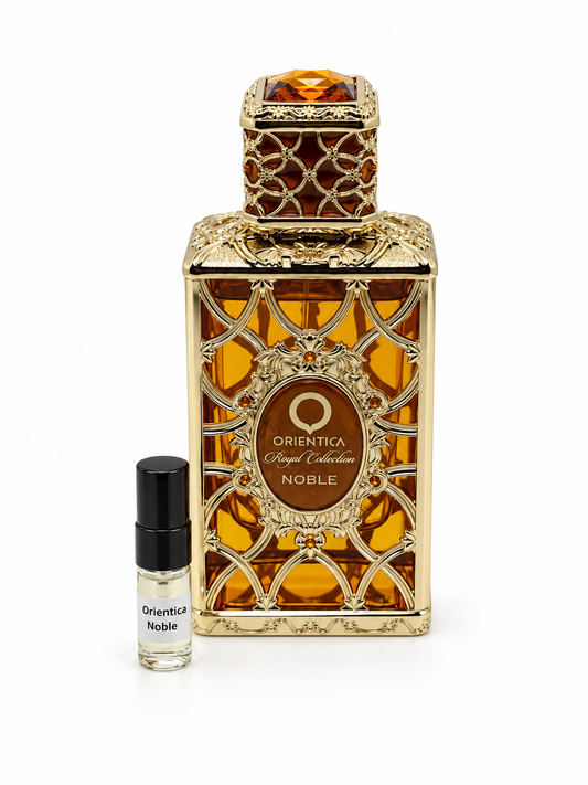 Orientica Noble fragrance bottle and black-capped sample vial on white