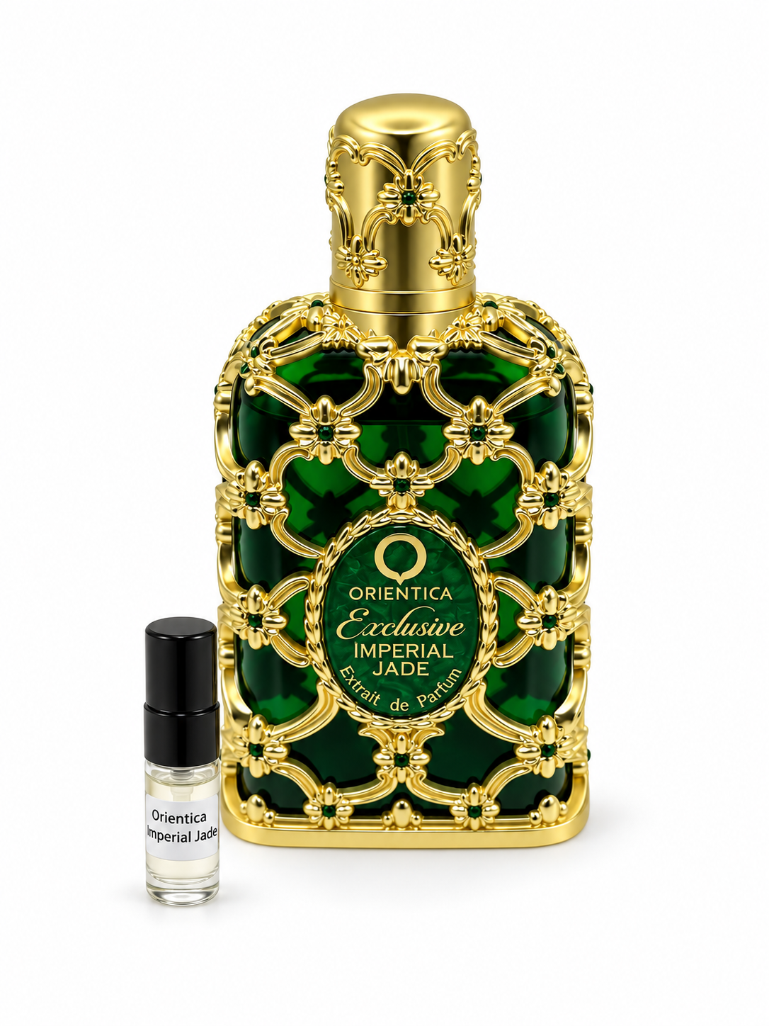 Orientica Imperial Jade fragrance bottle and black-capped sample vial on white