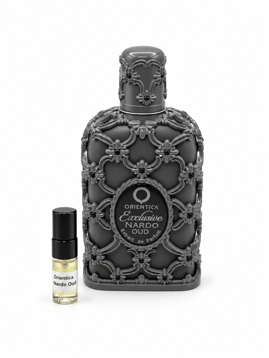 Orientica Nardo Oud fragrance bottle and black-capped sample vial on white