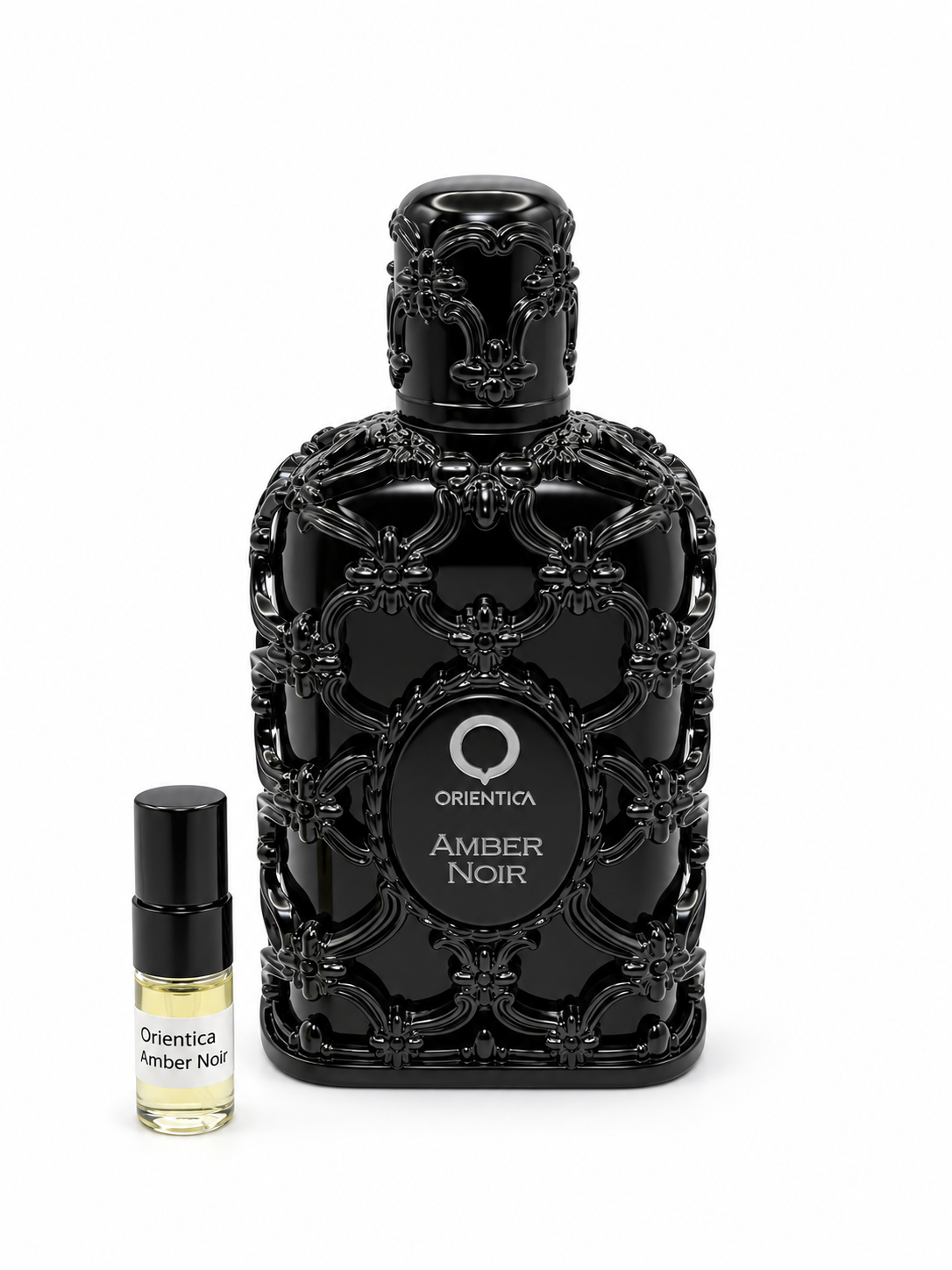 Orientica Amber Noir fragrance bottle and black-capped sample vial on white