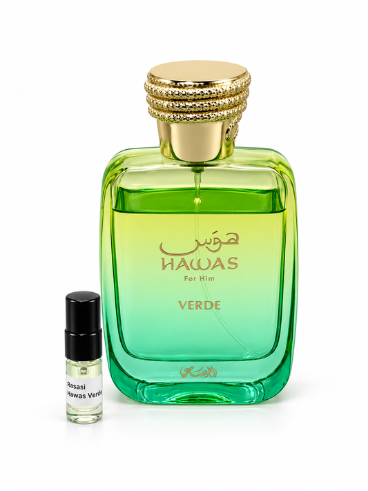 Rasasi Hawas Verde fragrance bottle and black-capped sample vial on white