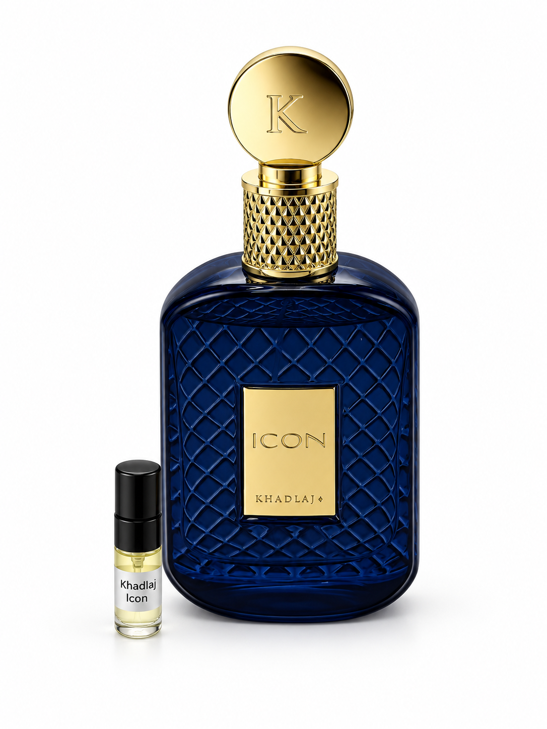 Khadlaj Icon fragrance bottle and black-capped sample vial on white