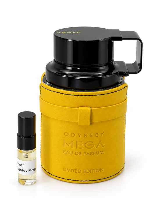 Armaf Odyssey Mega fragrance bottle and black-capped sample vial on white