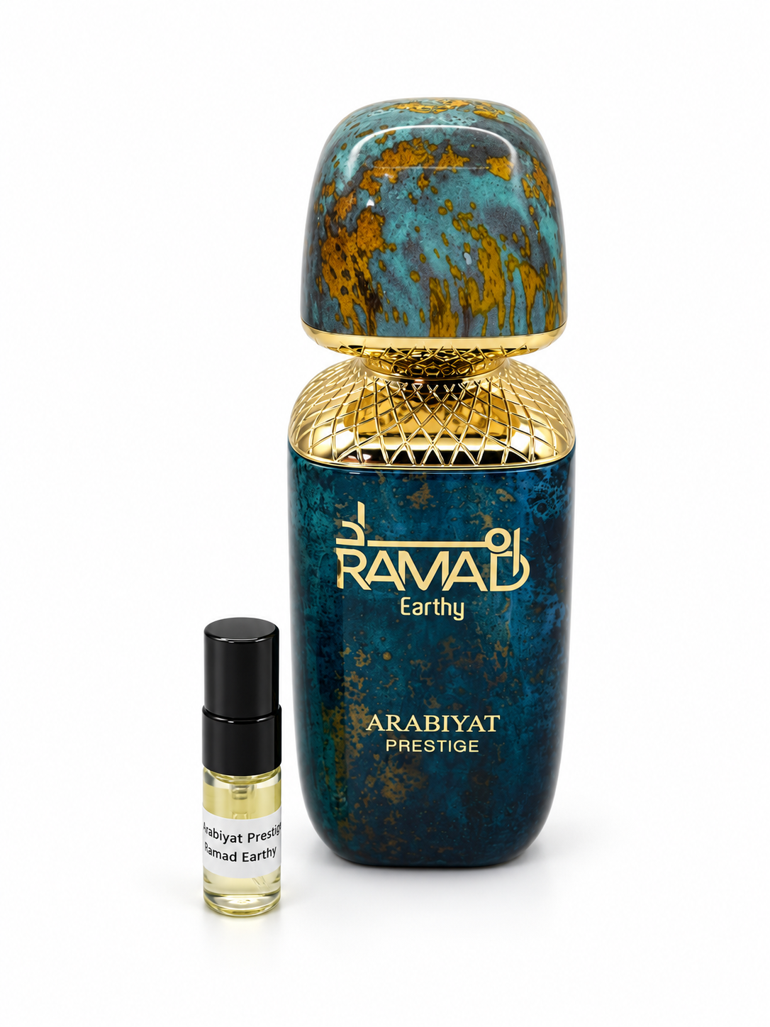 Arabiyat Prestige Ramad Earthy fragrance bottle and black-capped sample vial on white