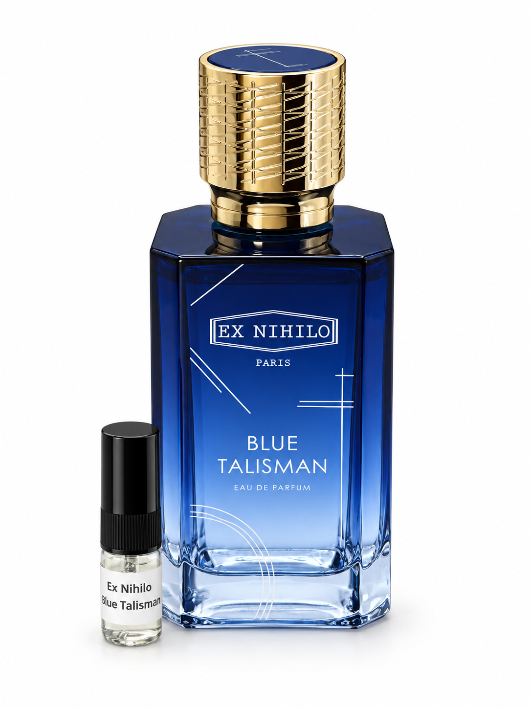 Ex Nihilo Blue Talisman EDP fragrance bottle and black-capped sample vial on white
