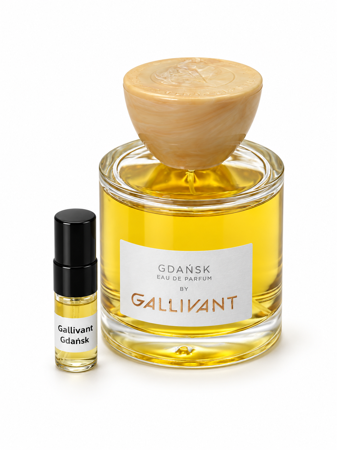 Gallivant Gdańsk fragrance bottle and black-capped sample vial on white