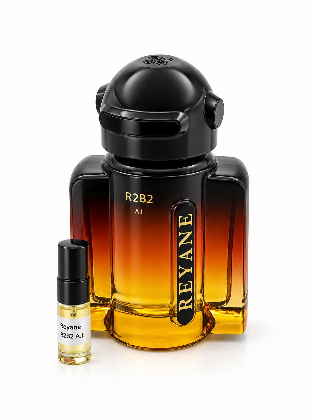 Rayene R2B2 A.I. fragrance bottle and black-capped sample vial on white