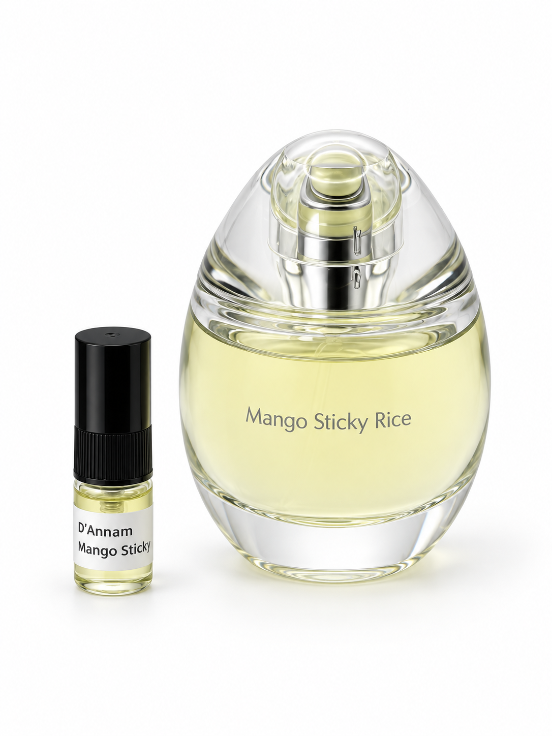 D'Annam Mango Sticky Rice fragrance bottle and black-capped sample vial on white