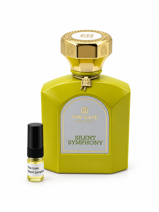 The Gate Fragrances Silent Symphony fragrance bottle and black-capped sample vial on white