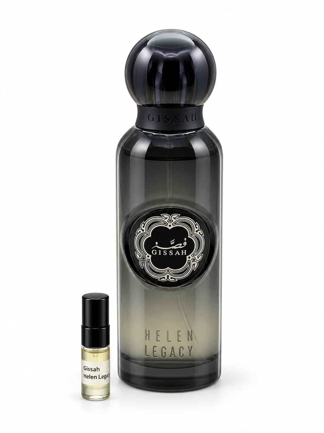 Gissah Helen Legacy fragrance bottle and black-capped sample vial on white