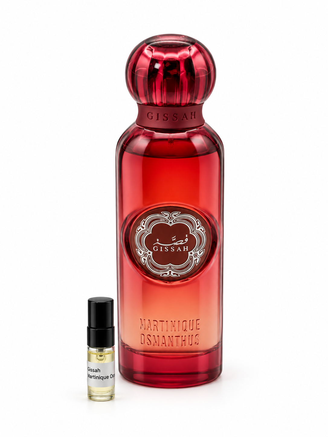 Gissah Martinique Osmanthus fragrance bottle and black-capped sample vial on white