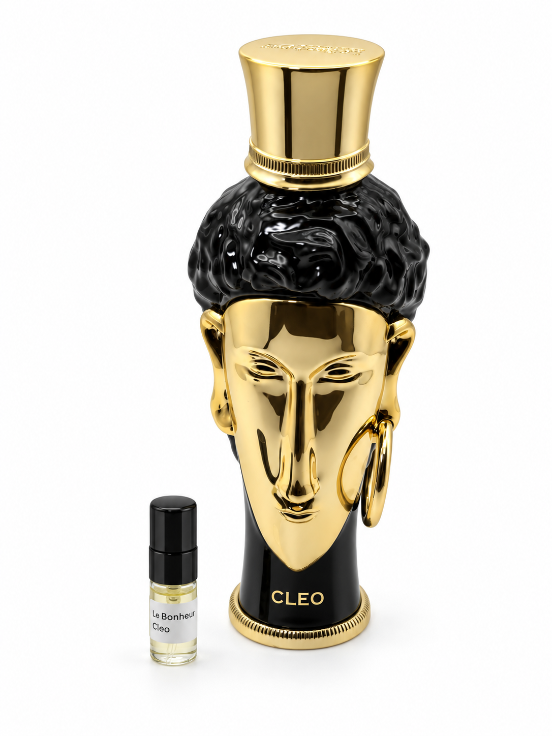 Le Bonheur Reine d'Or Cleo fragrance bottle and black-capped sample vial on white