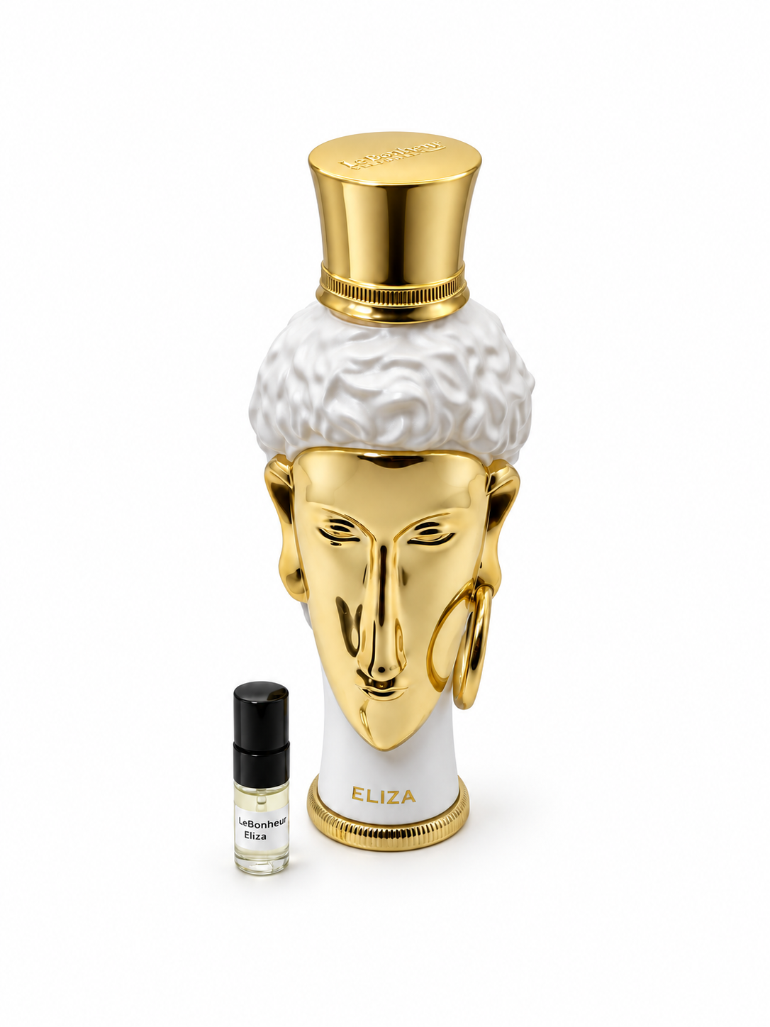 Le Bonheur Reine d'Or Eliza fragrance bottle and black-capped sample vial on white