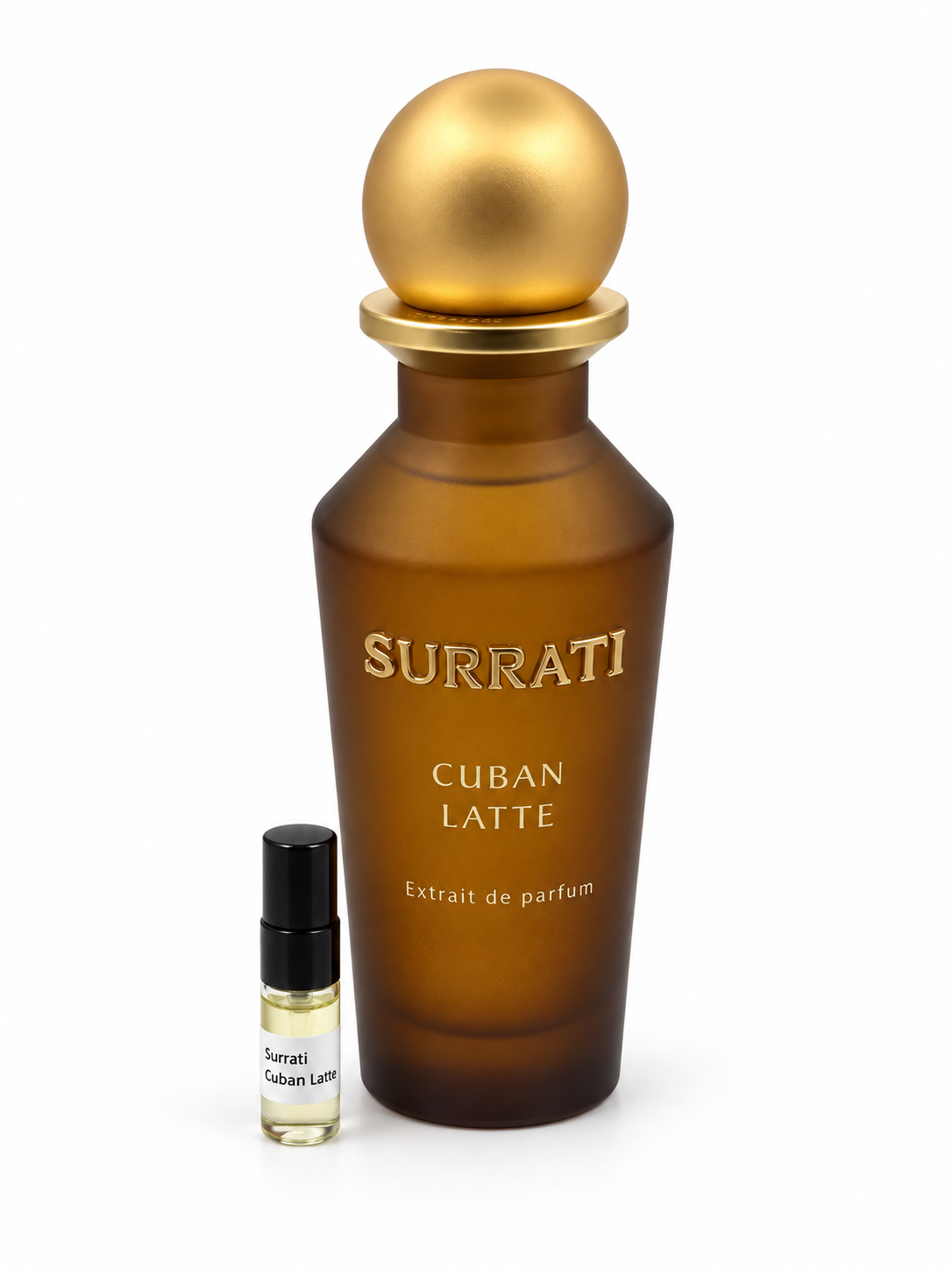 Surrati Cuban Latte fragrance bottle and black-capped sample vial on white