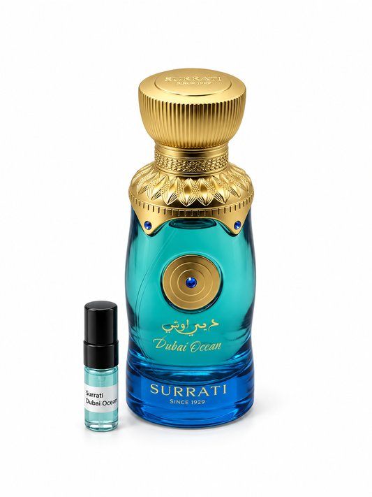Surrati Dubai Ocean fragrance bottle and black-capped sample vial on white