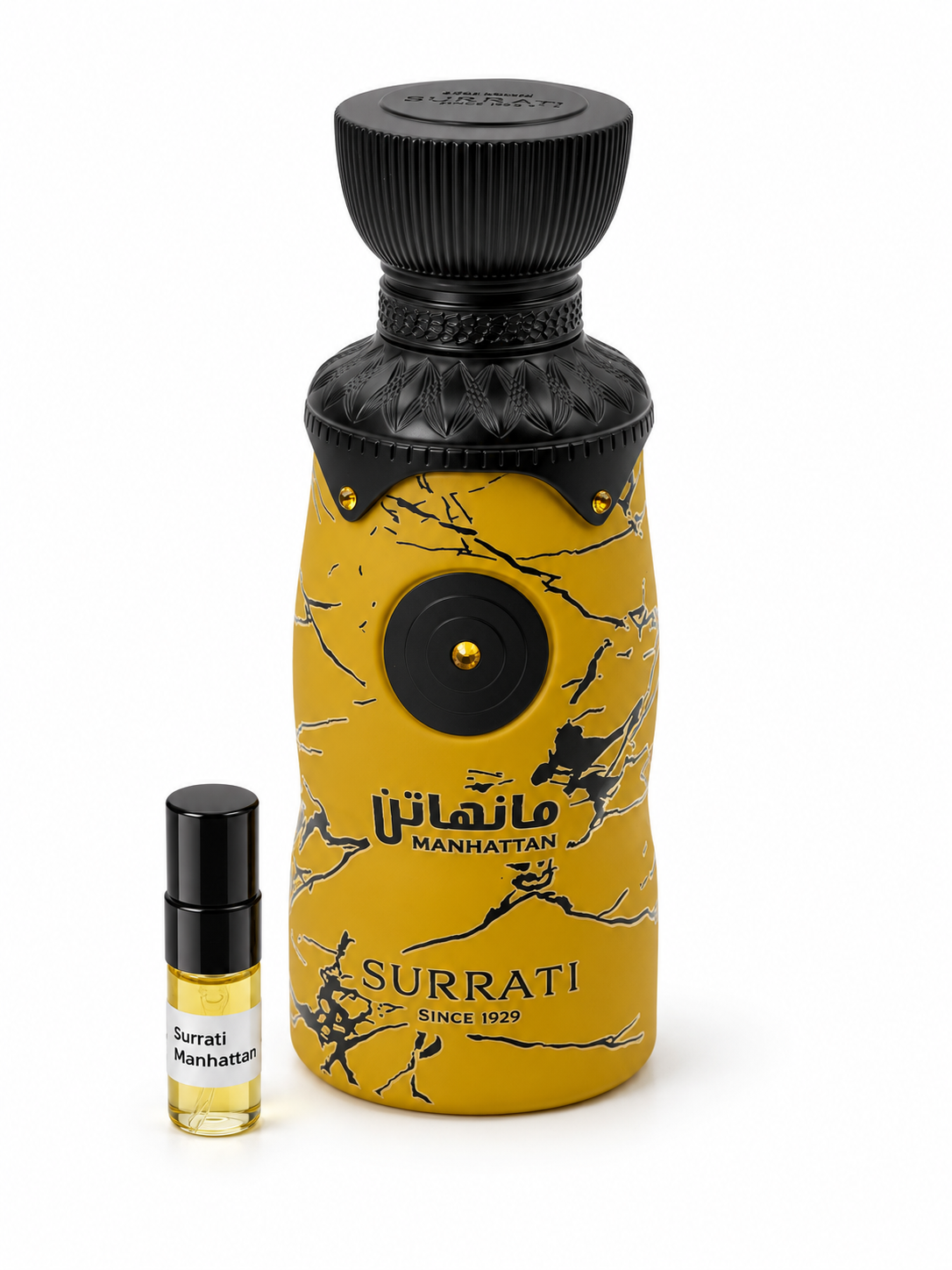 Surrati Manhattan fragrance bottle and black-capped sample vial on white