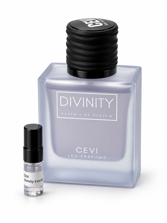Cevi Divinity Extrait fragrance bottle and black-capped sample vial on white
