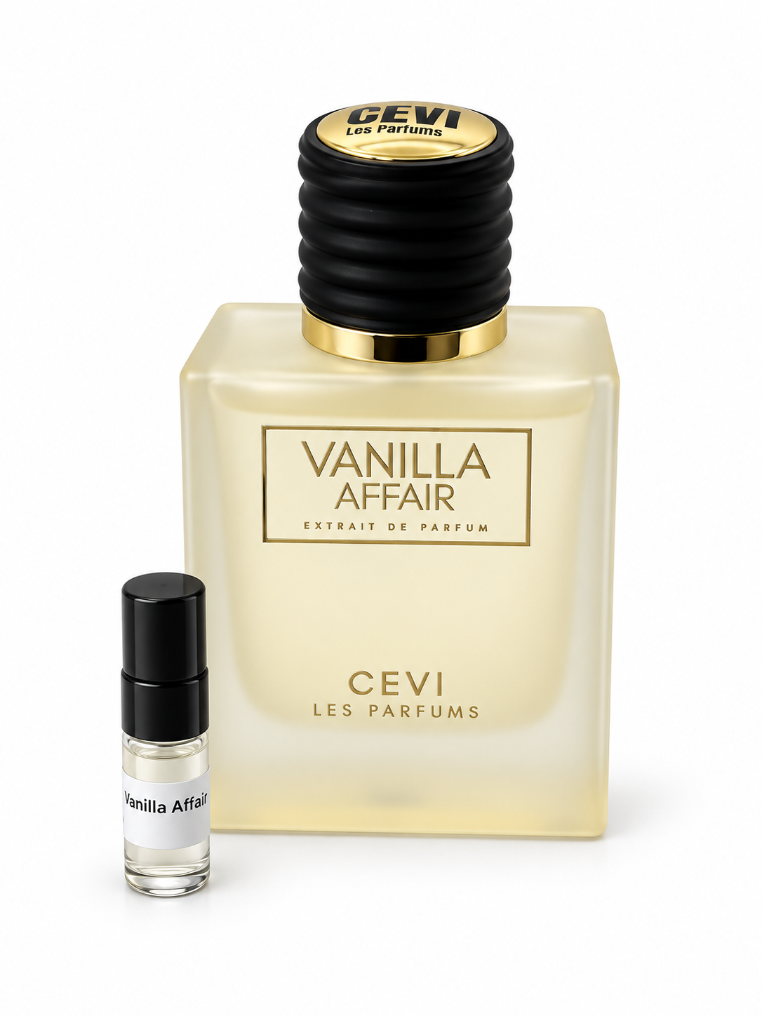 Cevi Vanilla Affair fragrance bottle and black-capped sample vial on white